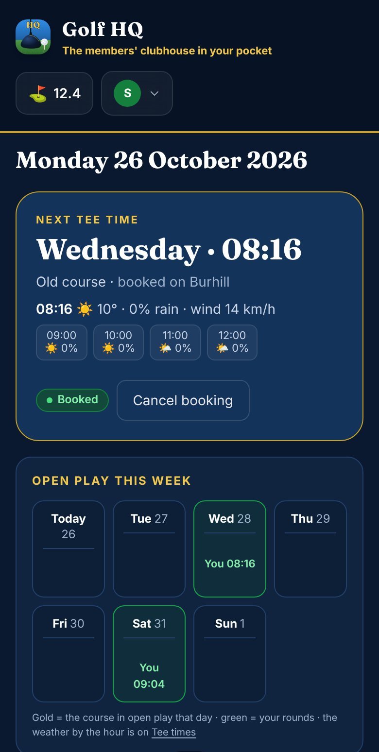GolfHQ on a phone: the next tee time, the weather and the week's open play